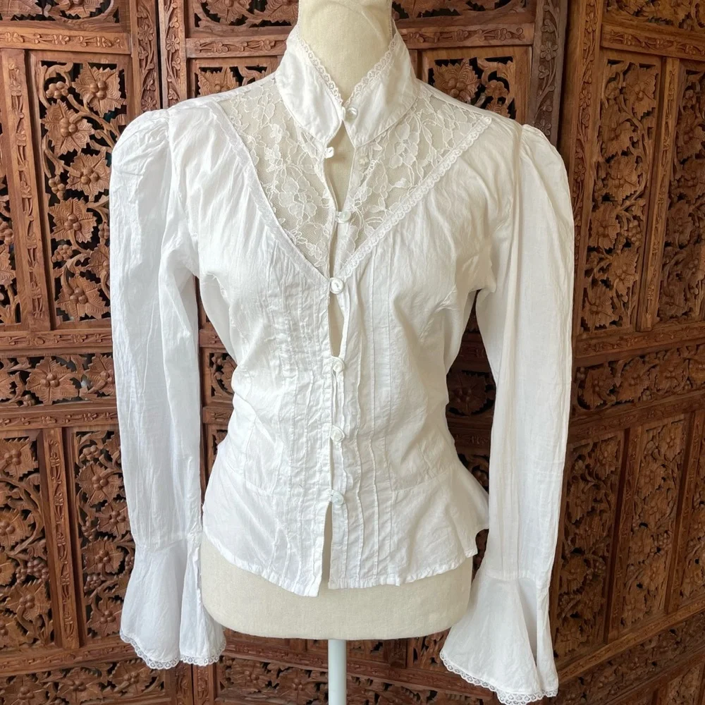 Victorian-Inspired Western White Cotton Lace High-Neck Button Down bell sleeve - Picture 4 of 13